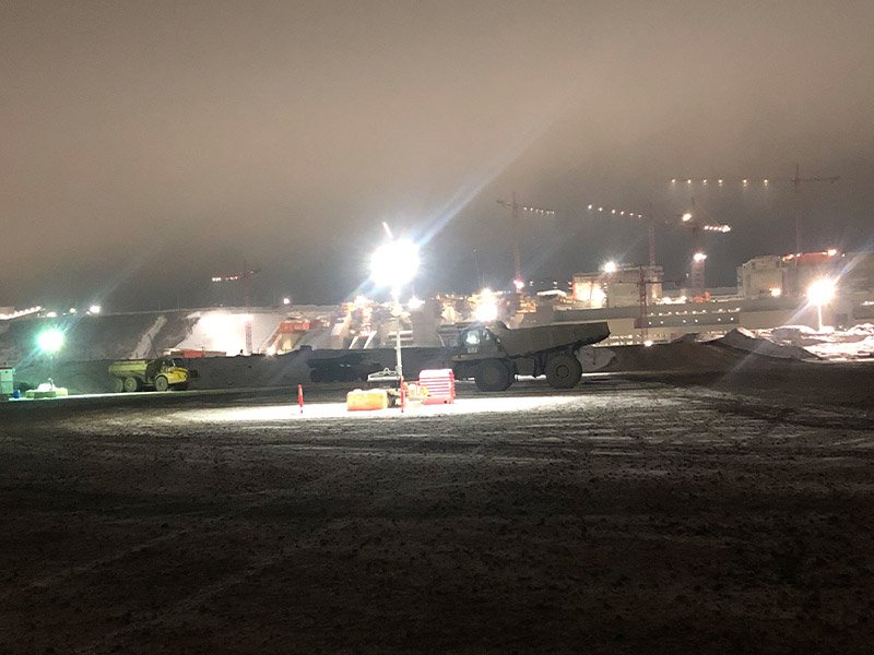 image of large industrial construction project at night