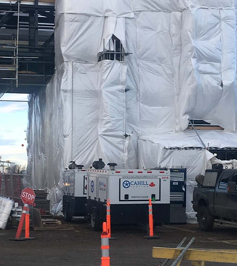 large heat hoarding project using two temporary diesel heaters